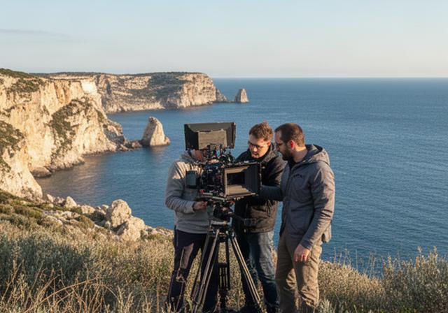 Equipo audiovisual preparando una cámara junto a un paisaje costero de las Baleares