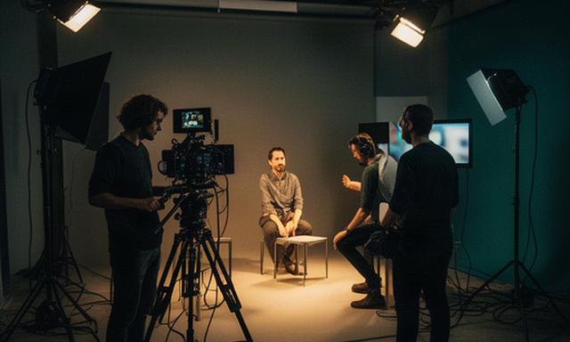 Equipo reducido preparando un piloto televisivo en un estudio con iluminación cinematográfica