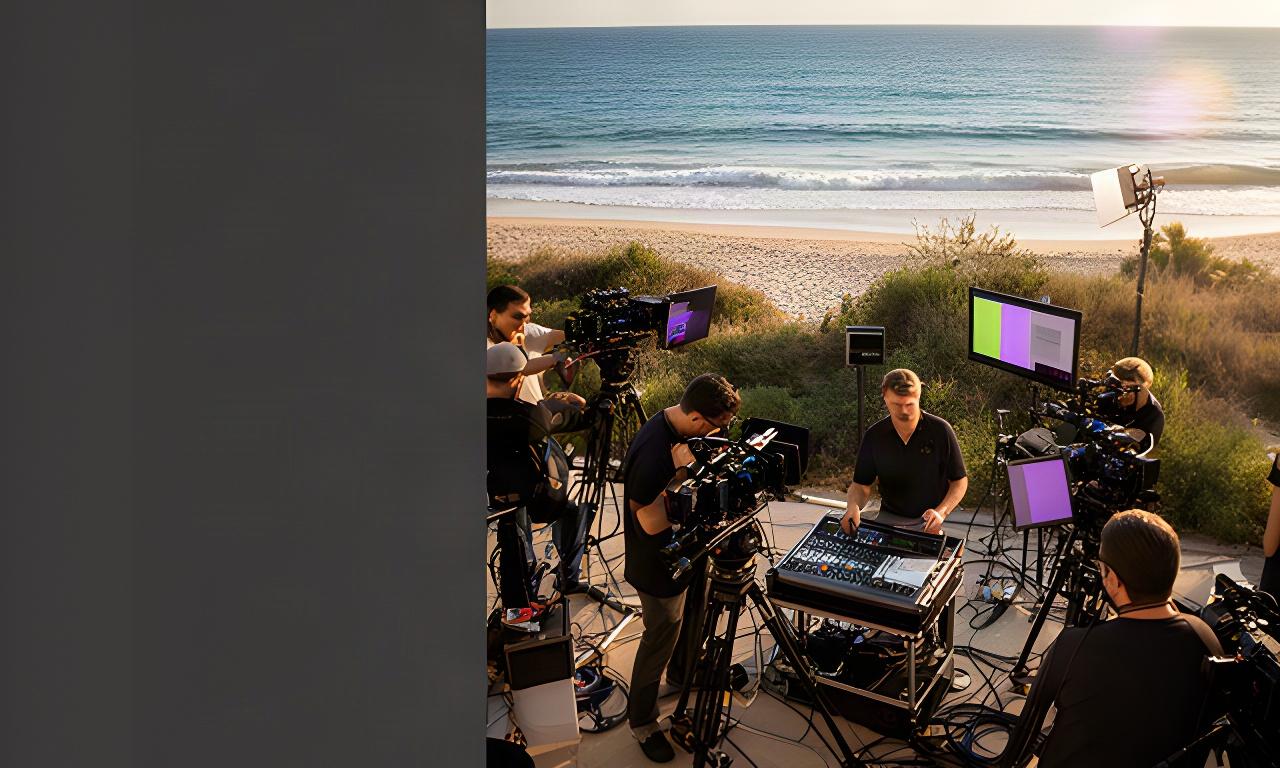 Equipo de realización multicámara trabajando en un set exterior junto a una playa de Ibiza